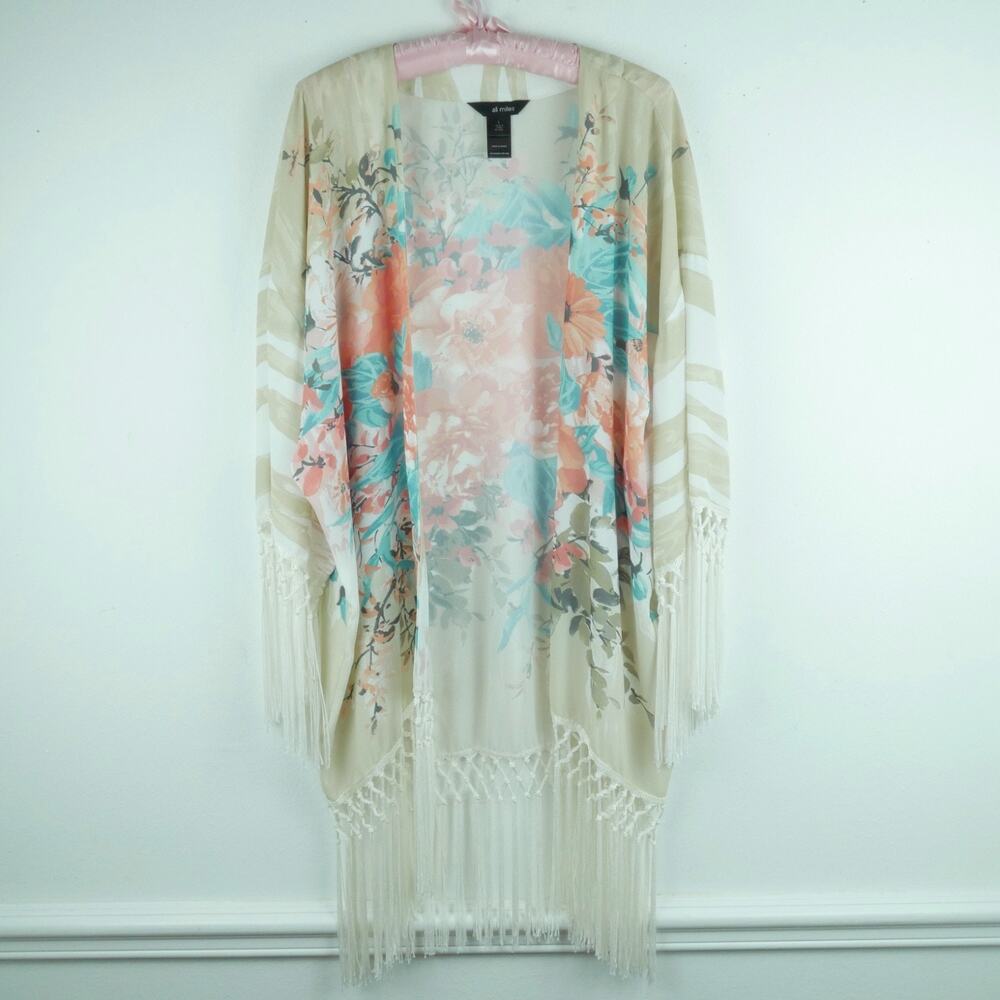 Ali Miles Large Kimono Topper Beach Cover Soft Floral Fringe Boho Etheral Artsy